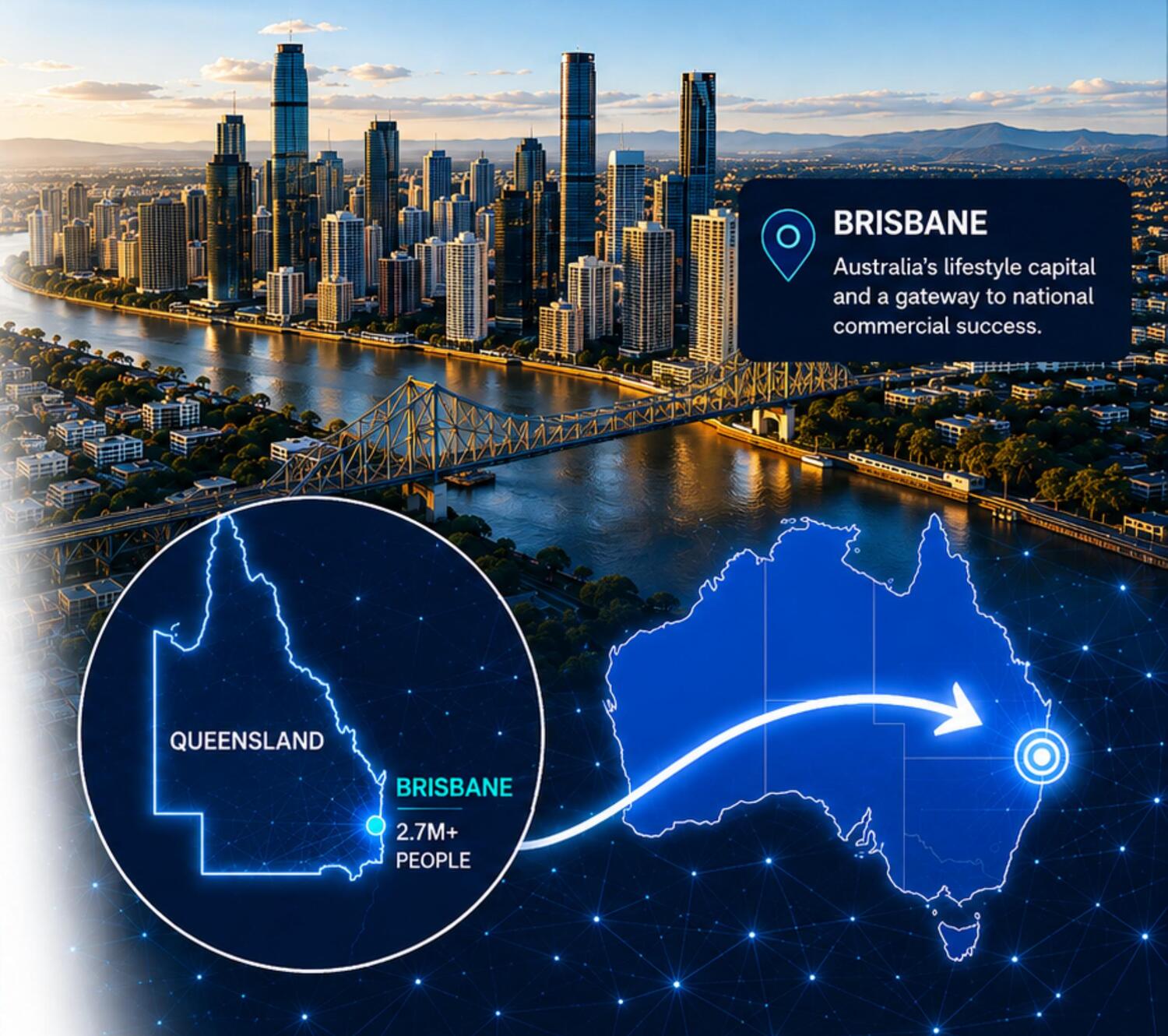 Brisbane skyline with Queensland and Australia commercial expansion illustration